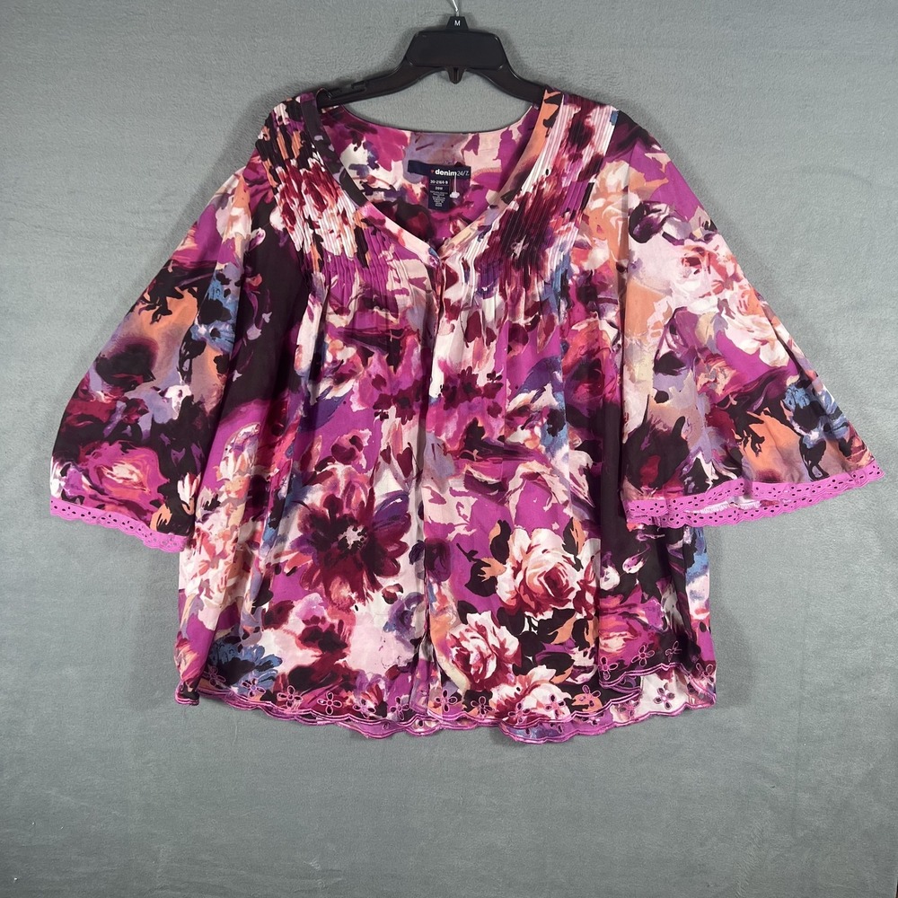 Denim 24/7 Women's Plus Size 20W Floral Pleated V-Neck Blouse 3/4 Sleeve Top